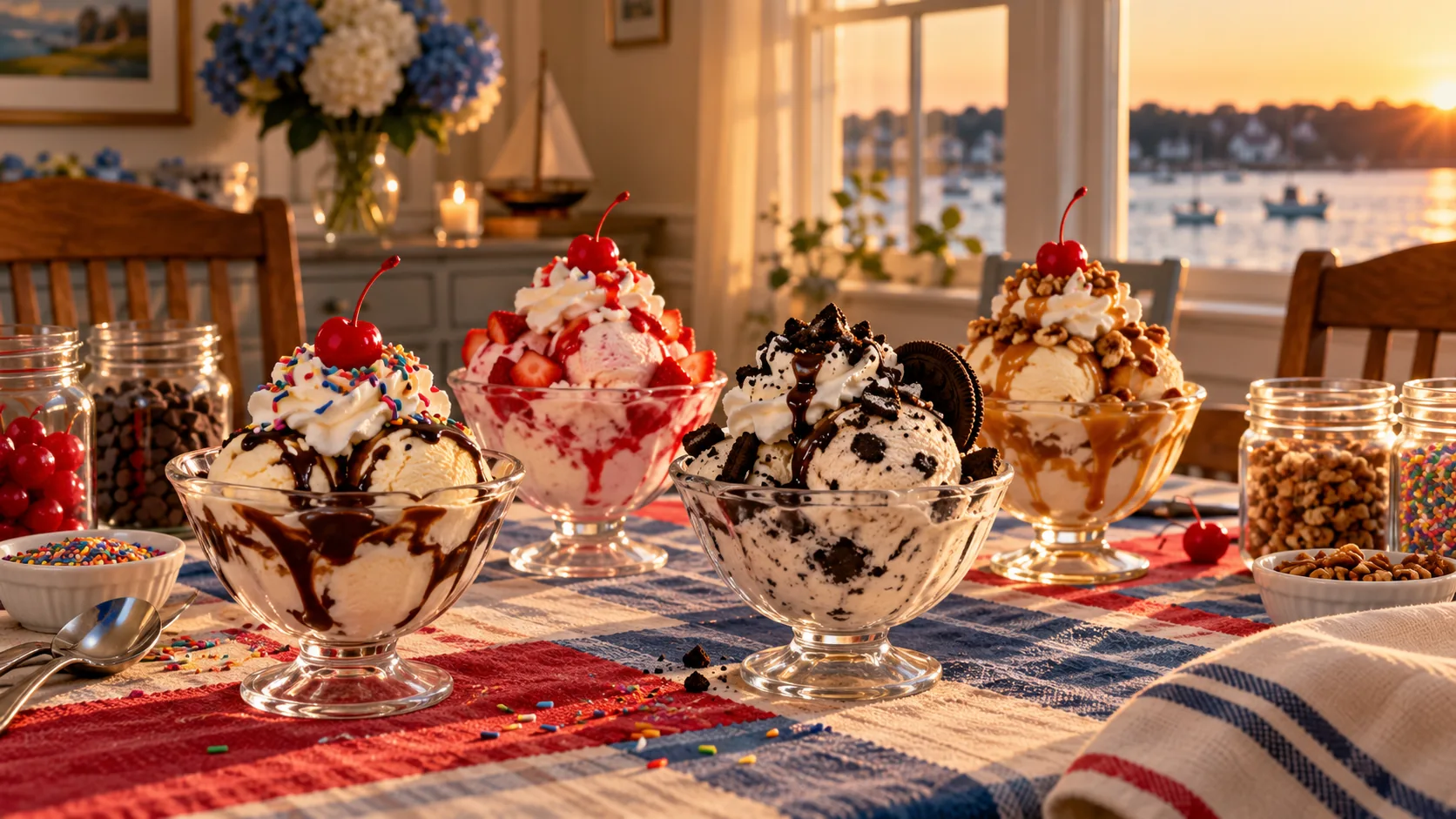 Chocolate, strawberry, and cookie sundaes with colorful toppings on a table at sunset
