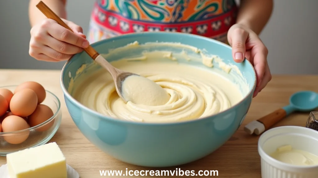 A person mixing a smooth birthday cake batter in a large blue bowl, surrounded by baking ingredients like eggs, butter, and vanilla extract on a wooden table.