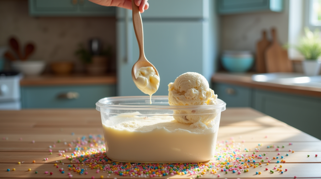 Scooping freshly made birthday cake ice cream from a clear container using a wooden spoon, surrounded by colorful sprinkles on a wooden countertop in a cozy kitchen.