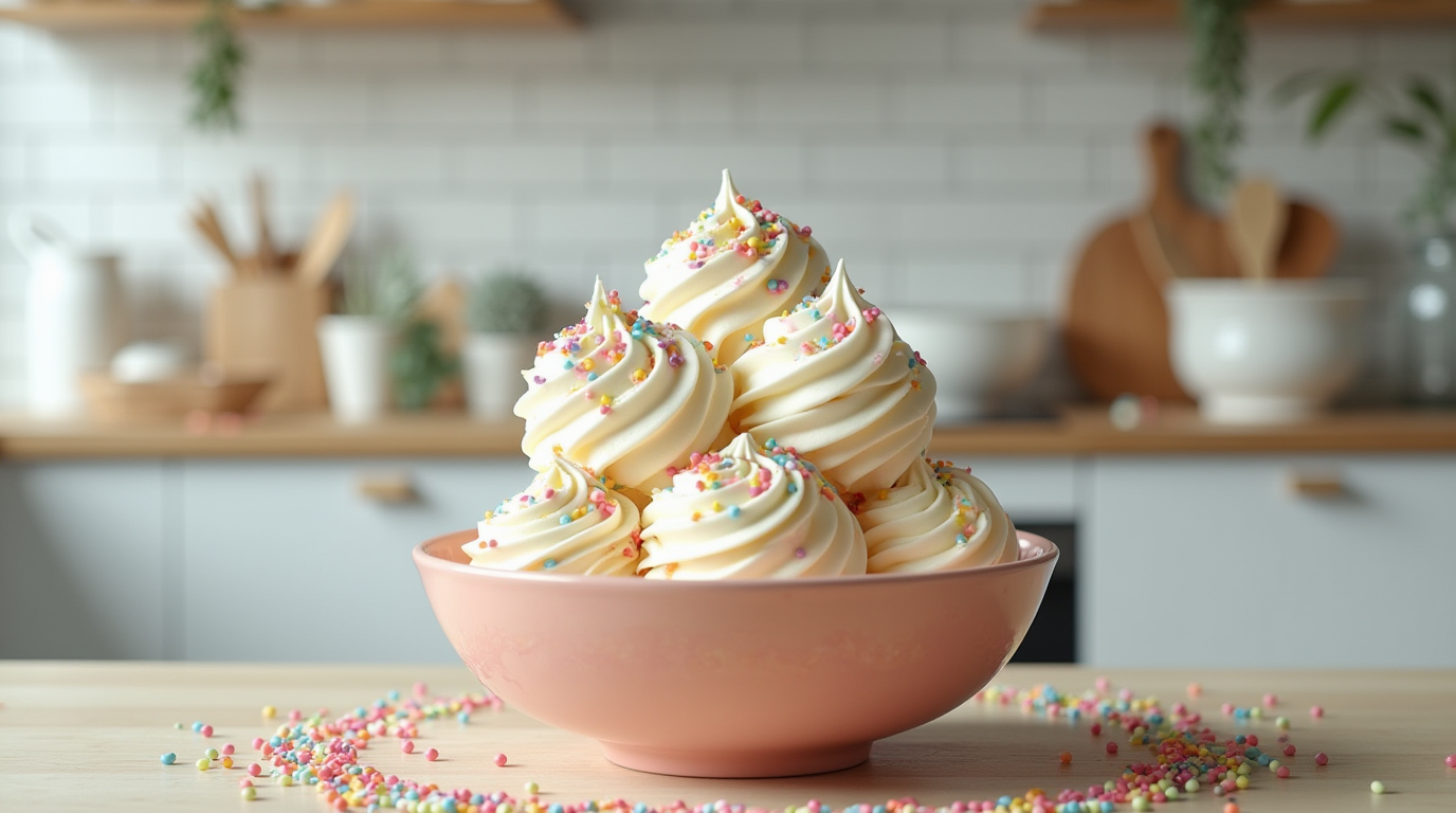 A bowl of creamy homemade birthday cake ice cream topped with colorful sprinkles, set in a cozy kitchen background