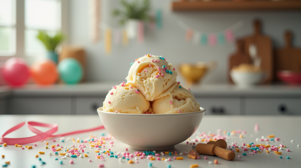 A bowl of creamy homemade birthday cake ice cream topped with colorful sprinkles, sitting on a kitchen counter decorated with balloons and festive party elements.