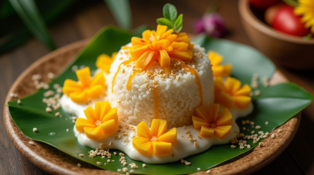 Beautifully presented sticky rice with mango and garnishes